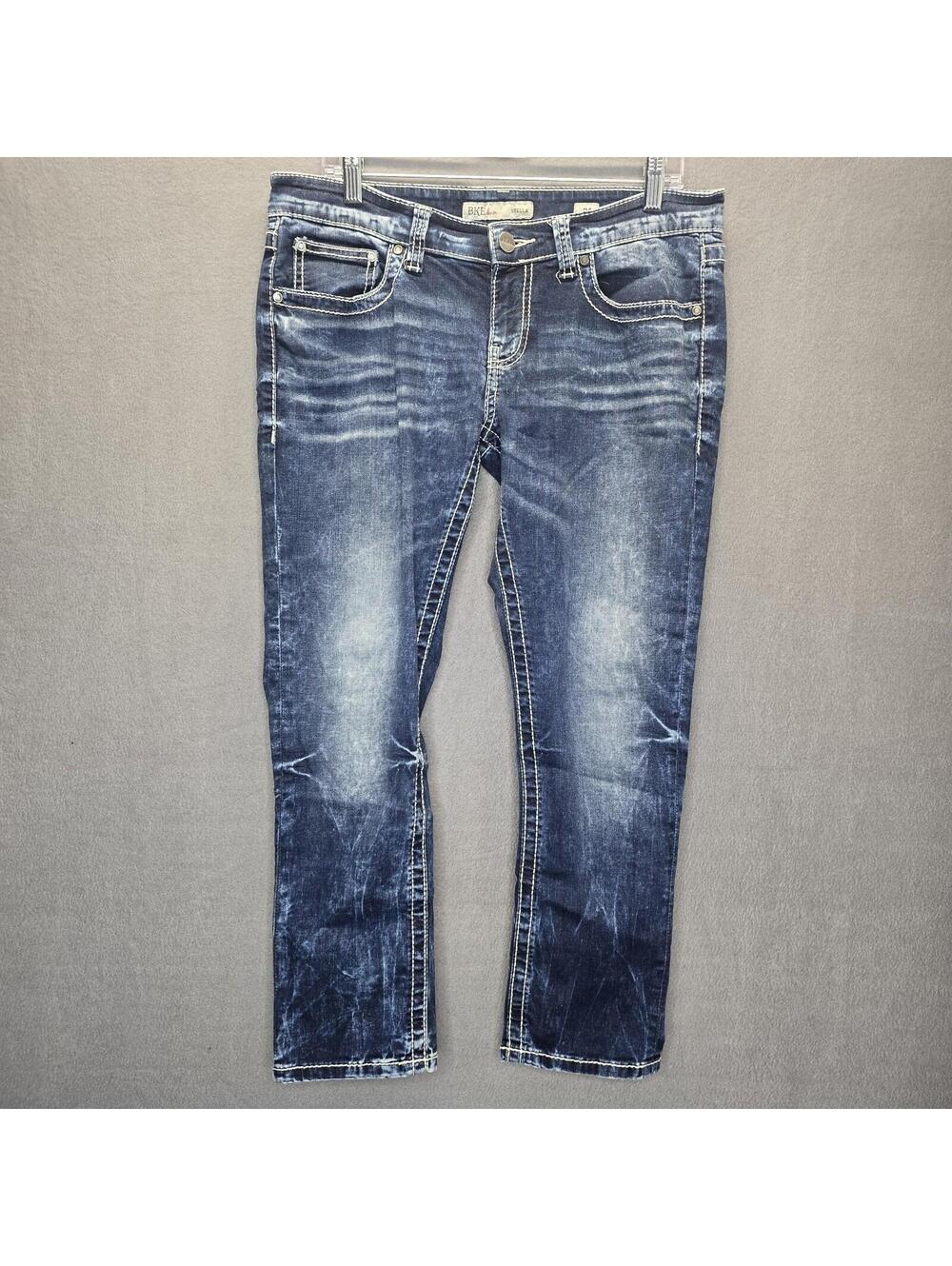 BKE Stella Skinny Straight Jeans Size 31 Dark Wash Distressed Thick Stitch Denim